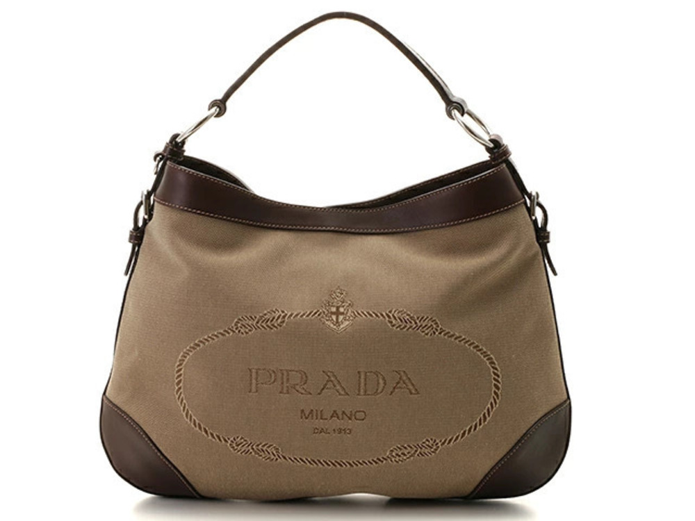 Prada Hobo Bag Beige Cream Brown Canvas Leather